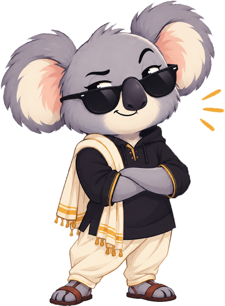 Zuzzy, our mascot: a grey koala in sunglasses, a black kurta-hoodie and a cream shawl with gold stripes, arms crossed and smiling.
